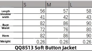 Detailed size chart for slim fit V-neck jacket with length, shoulder, and bust measurements