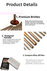 Macro detail of twelve champagne gold makeup brushes with brown bristles in a tin box