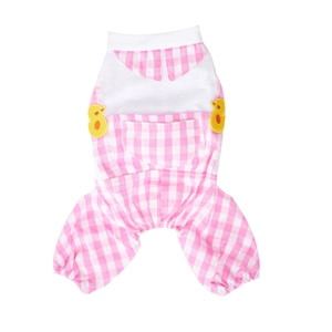 Detail of pink plaid dog onesie featuring light cotton fabric and small yellow duck decor