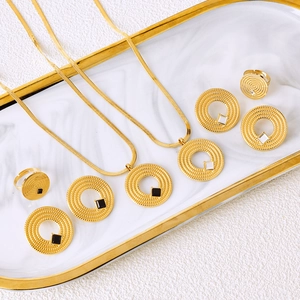 Gold circle jewelry set with square zircon featuring snake chain necklace and rings