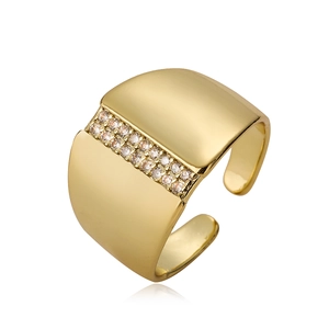 18K gold plated wide open ring with sparkling cubic zirconia row on white background