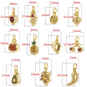Golden fruit pendants grid featuring crystal strawberries, pineapples and grapes with dimensions