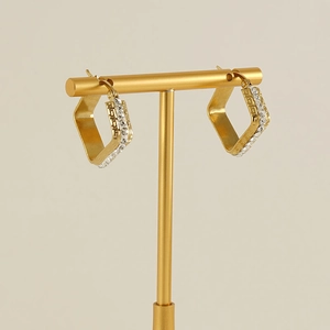 Gold plated stainless steel square hoop earrings with cubic zirconia and Greek key pattern