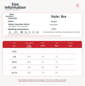 Tabella taglie per reggiseno sportivo con misure dettagliate in poliammide ed elastan