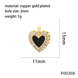 Detail showing 11x13mm gold plated heart pendant with zircon and black enamel finish