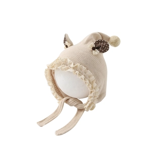 Beige baby winter knit hat with cute polka dot ears and lace trim earflaps