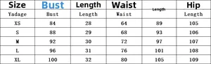Detailed size chart for sexy strapless top and skirt set showing bust, waist and hip measurements