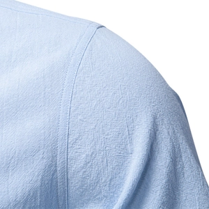 Short sleeve light blue linen blend business casual shirt with shoulder stitching detail