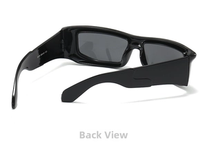 Detail view of black wrap-around sunglasses showing size markings on the inner temple arm