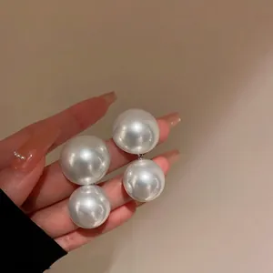 Elegant Oversized Double Artificial Pearl Earrings With 925 Sterling Silver Earring Post French Vintage Minimalist Jewelry For Women