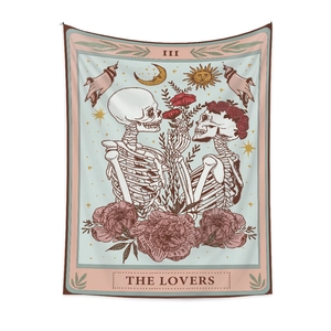 Close-up of The Lovers tarot tapestry showing skeleton lovers and peony flowers