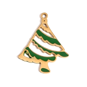 Golden stainless steel Christmas tree pendant with green enamel and hollow design