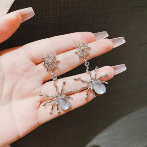 Gothic silver spider and web earrings with blue moonstone teardrop accents for women