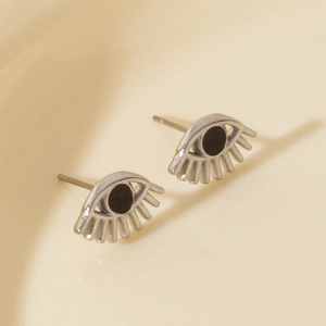 Minimalist 304 stainless steel eye-shaped stud earrings in silver with black pupils