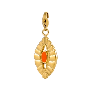 Pendentif losange vintage français en acier inoxydable doré avec pierre ovale orange