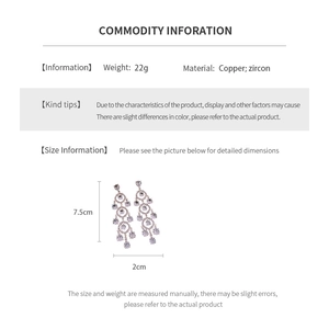 Detailed size specifications for vintage court style zircon tassel earrings in 7.5x2cm size