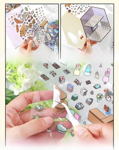 Detail of 2.5D PET stickers with white ink process and scene card for DIY journaling