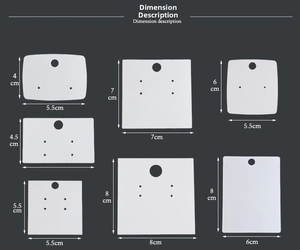 Detailed size guide showing various dimensions for white jewelry display cards
