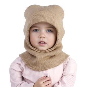Detail of baby bear ear knitted balaclava hood with soft brown ribbed texture