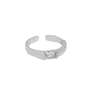 Minimalist S925 silver open ring featuring a textured band and a rectangular white zircon
