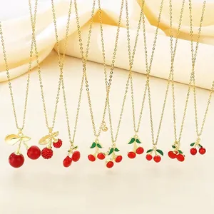 Sweet Red Cherry Pendant Necklace Stainless Steel Enamel Fruit Jewelry With Rhinestones For Women Daily Wear