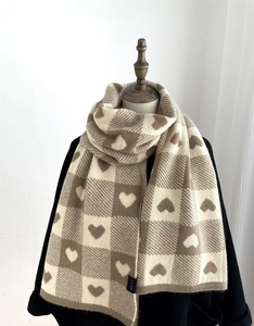 Detail view of beige and coffee heart-patterned knitted scarf on a neck model