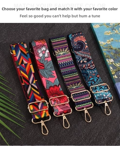 Detail of colorful adjustable canvas bag straps with floral patterns and gold hooks