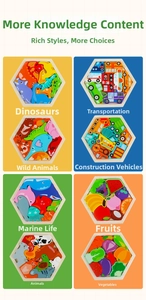 Detail grid of 8 themed hexagonal wooden puzzles featuring animals and vehicles for kids
