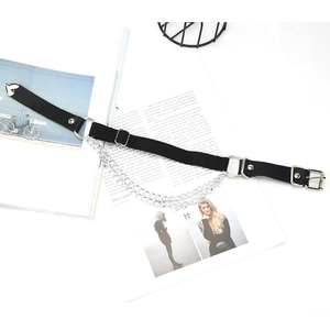 Punk style black leather garter with silver heart buckle and layered metal chains