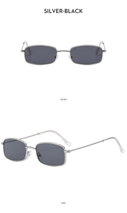 Front and side views of rectangular silver metal sunglasses with black lenses