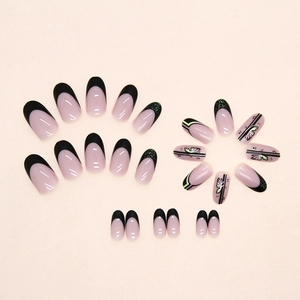 Faux ongles ovales French noirs avec papillons et base rose avec paillettes