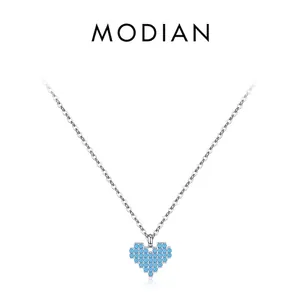 S925 sterling silver necklace featuring a pixel-style heart pendant with blue stones