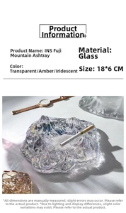 Macro detail of Mount Fuji glass ashtray showing iridescent finish and 18x6cm size