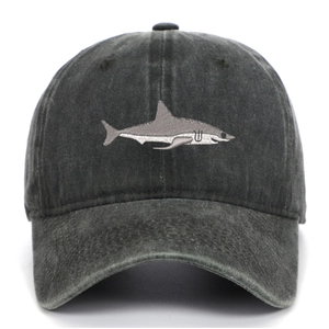 Close-up of shark embroidery on a vintage washed cotton dark grey baseball cap detail