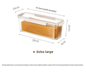 Detailed size chart of large airtight plastic spaghetti storage box with dimensions