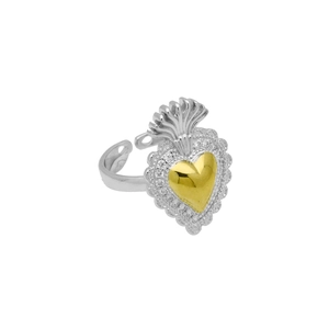 Detailansicht Silberring mit goldenem Herz-Krone-Motiv und eingelegten Zirkonia