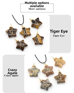Macro view of 30mm star-shaped tiger eye and agate pendants with gold wire wrapping