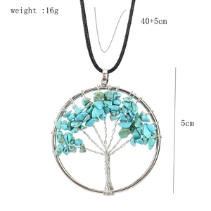 Handmade wire wrapped life tree necklace with blue natural stone and black cord