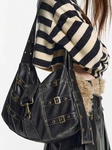 Retro Black PU Leather Hobo Bag For Women Large Capacity Punk Motorcycle Style With Multi Buckles And Rivets Decor