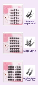 Detailed views of self-adhesive cluster lashes in Autumn Leaf and Canine styles
