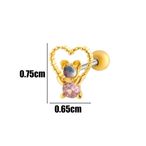 Macro view of gold teddy bear cartilage stud with pink gems and 0.75cm size scale