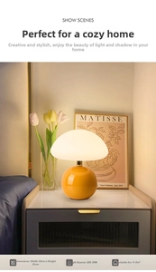 Detail of mushroom lamp showing 20cm width, 22cm height, and 24W LED warm light output