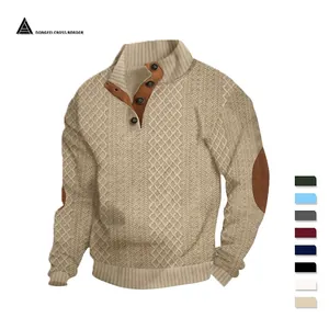 Men's khaki knit sweater with buttoned collar and brown elbow patches on white background