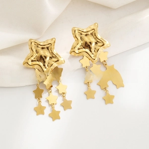 Detailed macro view of 18k gold plated multi-layer star tassel earrings with hammered texture