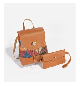 Brown cube lattice patchwork backpack set with matching envelope coin purse detail
