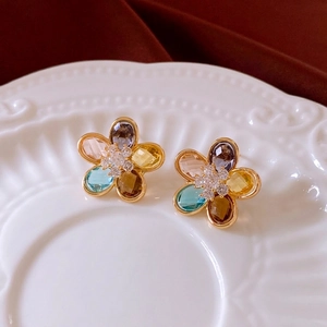 Orecchini a fiore placcati in oro 18K con pietre di zirconia multicolore di alta qualità