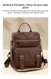 Detail view of vintage brown soft leather backpack with triple zipper compartments and tassels