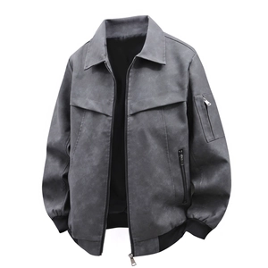 Minimalistische dunkelgraue Herrenjacke aus Wildlederimitat mit Rippbündchen und Taschen