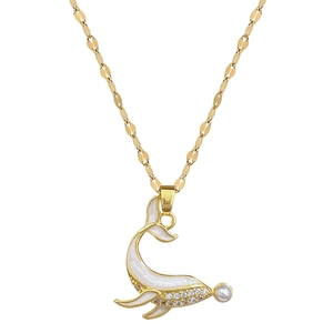 Titanium steel dolphin pendant necklace with pearls and zircon in gold finish