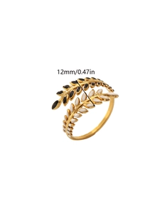 Detailed view of gold leaf ring showing 12mm width with black and white enamel drip oil